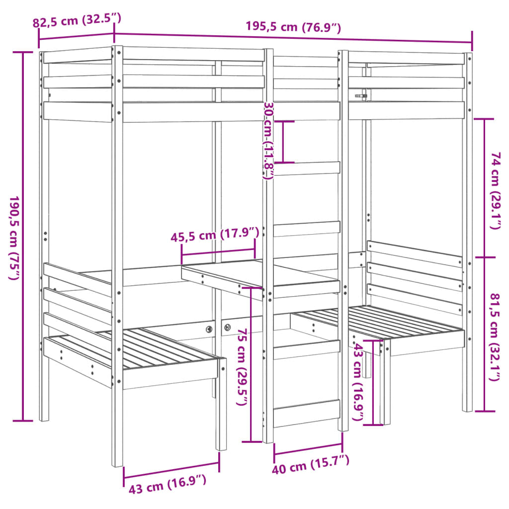 Lit mezzanine avec bureau et chaises blanc 75x190 cm pin massif Lits & cadres de lit vidaXL   