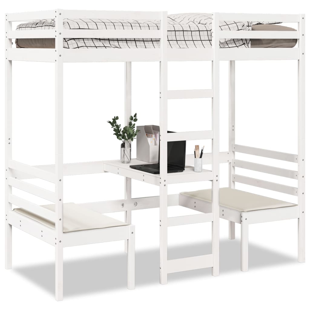 Lit mezzanine avec bureau et chaises blanc 75x190 cm pin massif Lits & cadres de lit vidaXL   