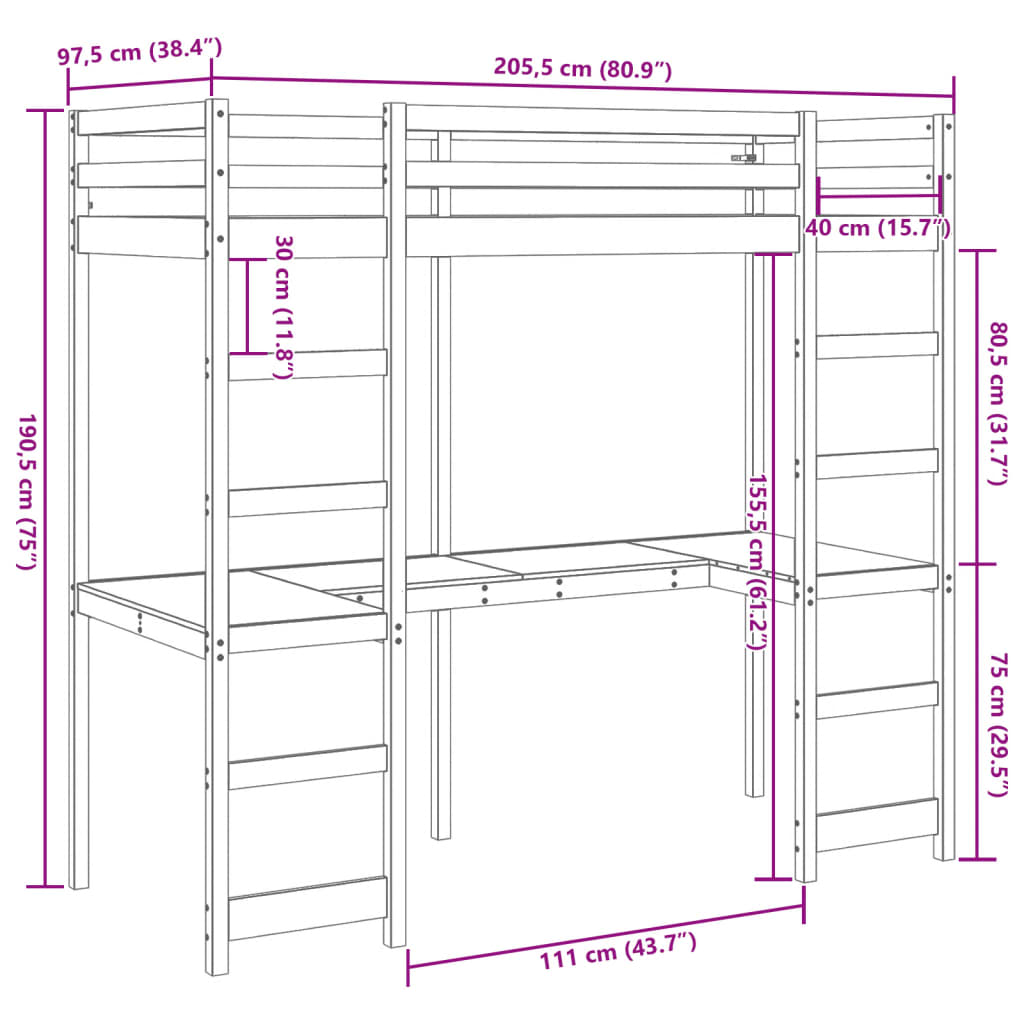 Cadre de lit superposé avec bureau 90x200 cm bois pin massif Lits & cadres de lit vidaXL   