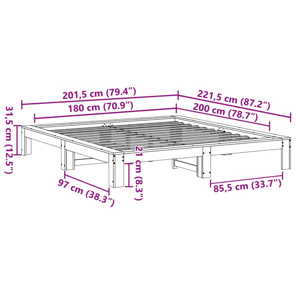 Cadre de lit sans matelas 180x200 cm bois massif de pin Lits & cadres de lit vidaXL   