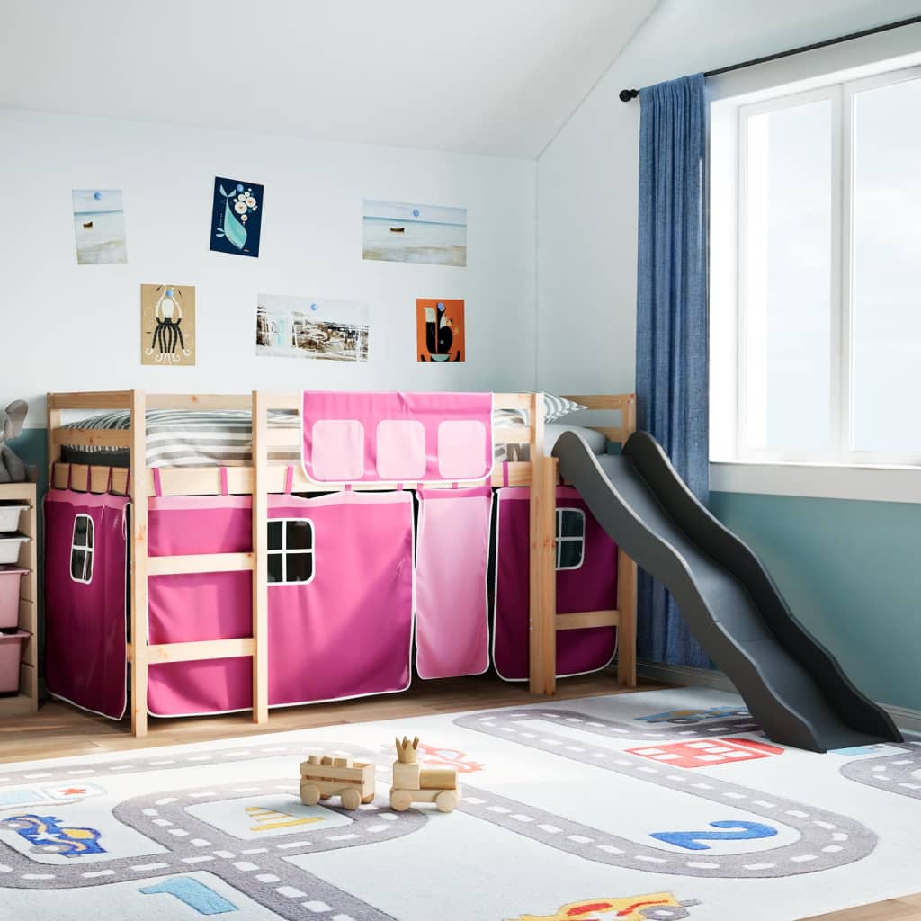 Lit mezzanine enfants et rideaux rose 80x200cm bois pin massif Lits & cadres de lit vidaXL   