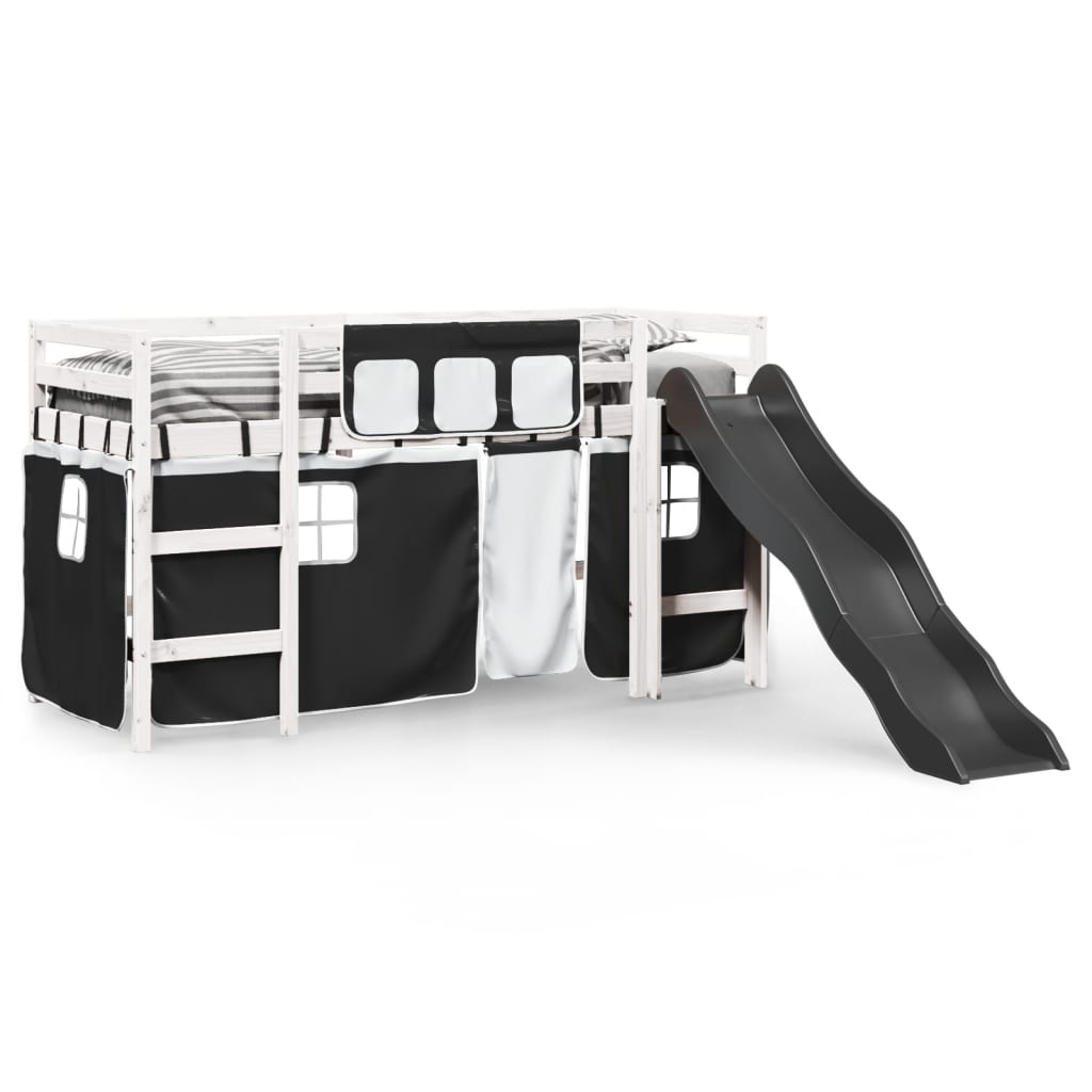 Lit mezzanine enfants et rideaux blanc/noir 80x200cm pin massif Lits & cadres de lit vidaXL   