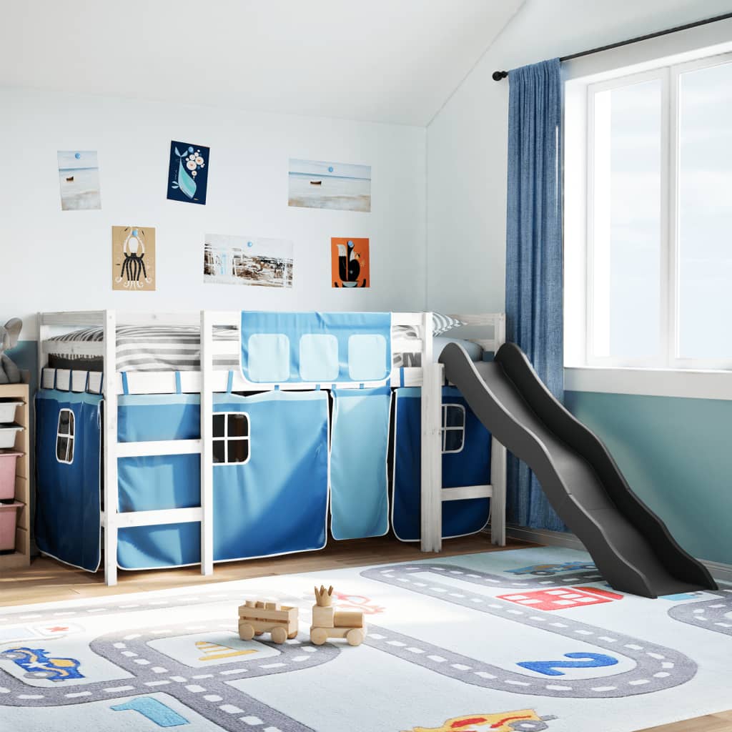 Lit mezzanine enfants et rideaux bleu 80x200cm bois pin massif Lits & cadres de lit vidaXL   