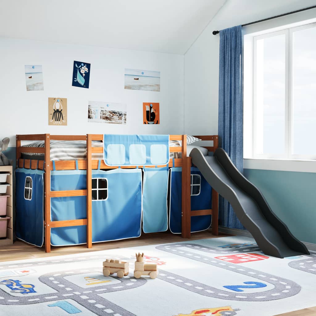 Lit mezzanine enfants et rideaux bleu 80x200cm bois pin massif Lits & cadres de lit vidaXL   