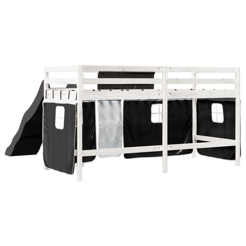 Lit mezzanine enfants et rideaux blanc/noir 90x200cm pin massif Lits & cadres de lit vidaXL   