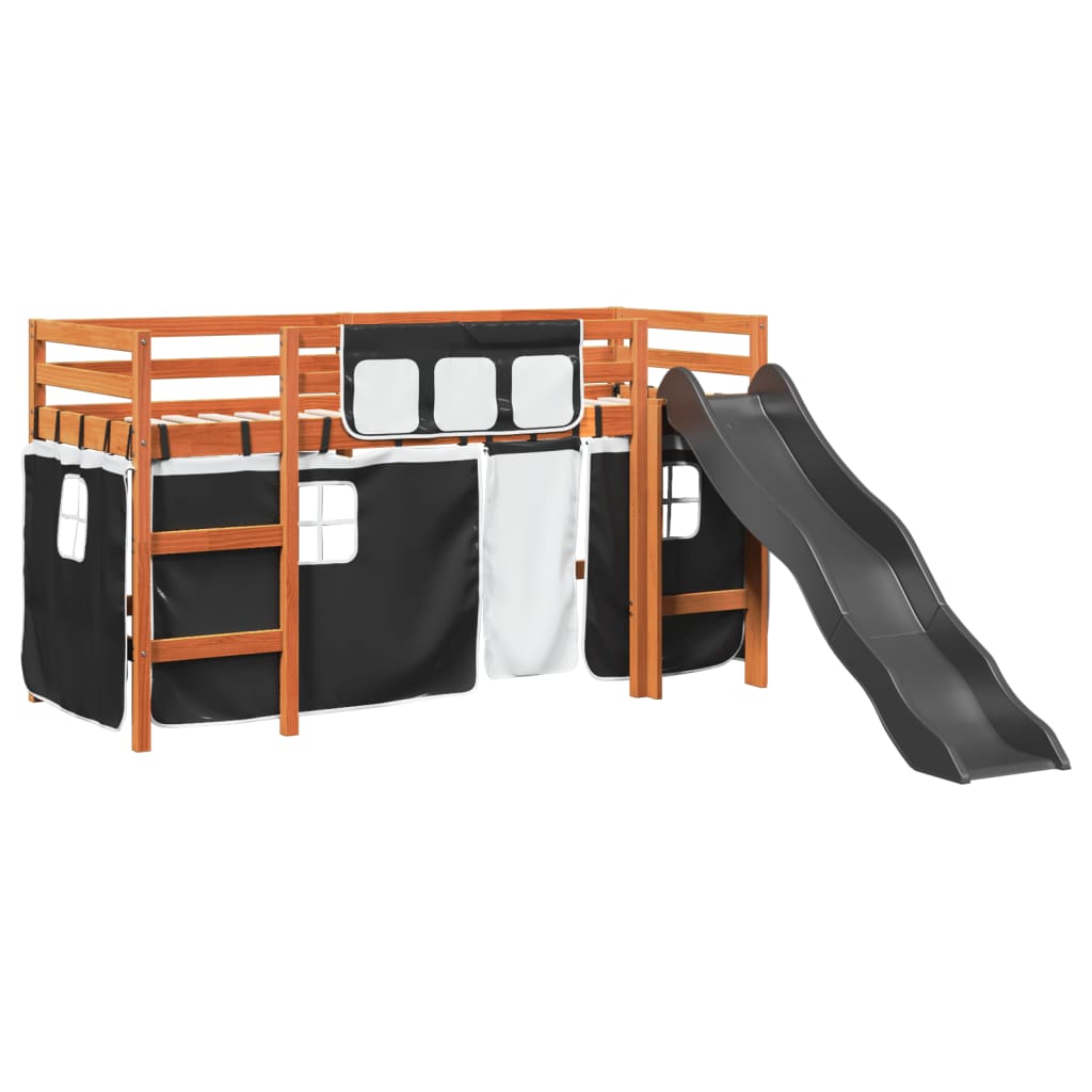 Lit mezzanine enfants et rideaux blanc/noir 90x200cm pin massif Lits & cadres de lit vidaXL   