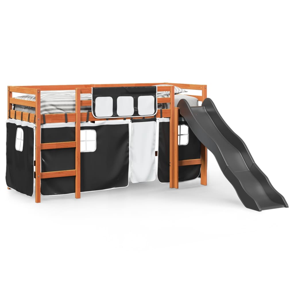 Lit mezzanine enfants et rideaux blanc/noir 90x200cm pin massif Lits & cadres de lit vidaXL   