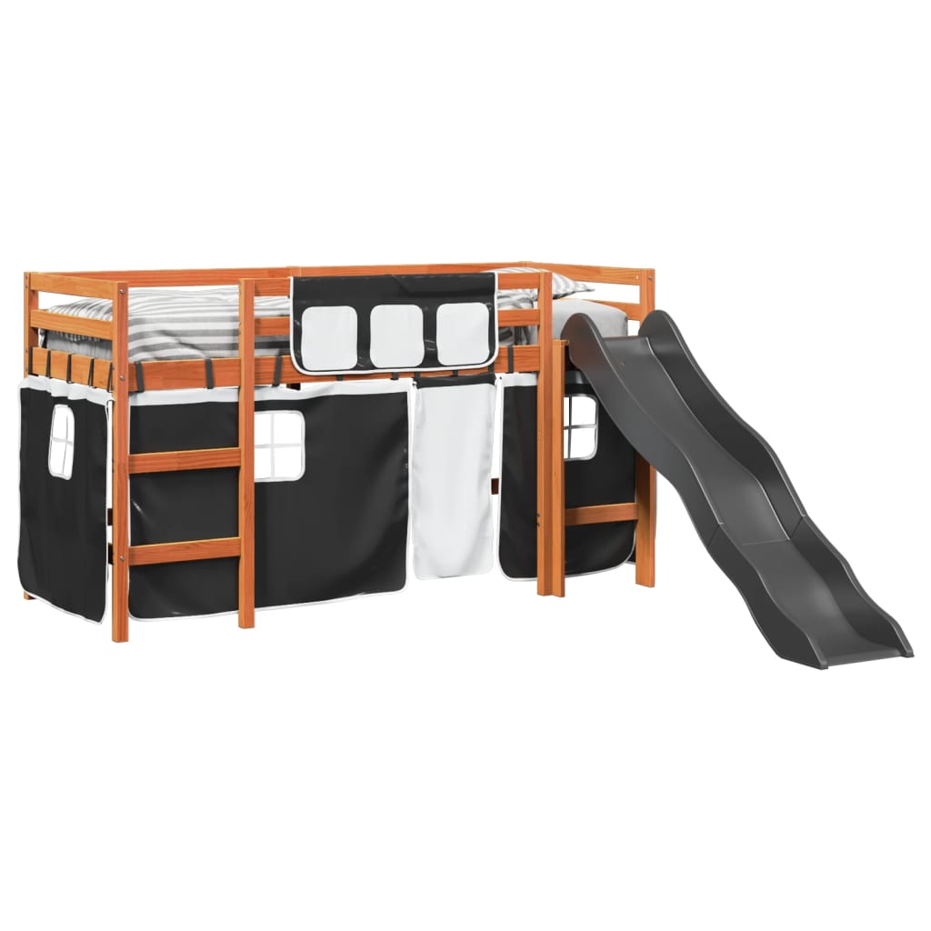 Lit mezzanine enfants et rideaux blanc/noir 90x200cm pin massif Lits & cadres de lit vidaXL   