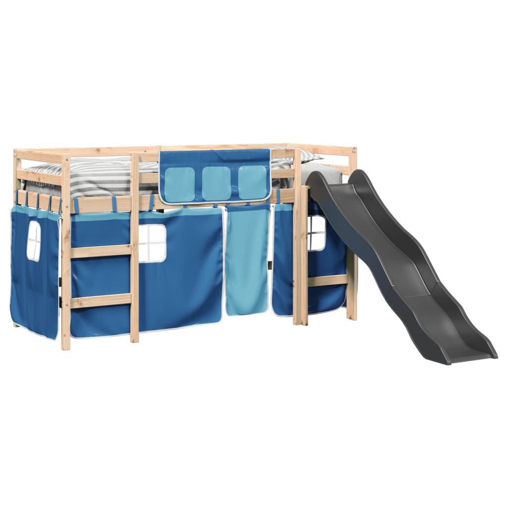 Lit mezzanine enfants et rideaux bleu 90x190cm bois pin massif Lits & cadres de lit vidaXL   