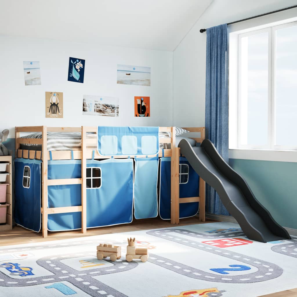 Lit mezzanine enfants et rideaux bleu 90x190cm bois pin massif Lits & cadres de lit vidaXL   