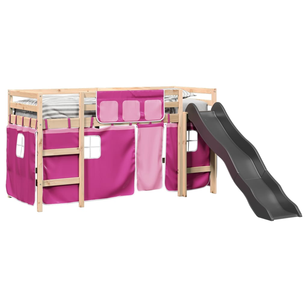 Lit mezzanine enfants et rideaux rose 90x190cm bois pin massif Lits & cadres de lit vidaXL   