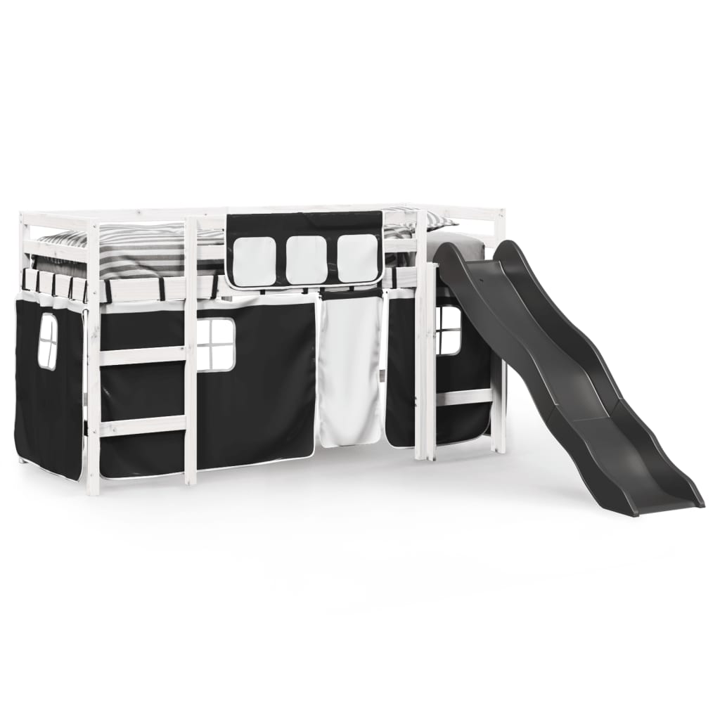 Lit mezzanine enfants et rideaux blanc/noir 90x190cm pin massif Lits & cadres de lit vidaXL   