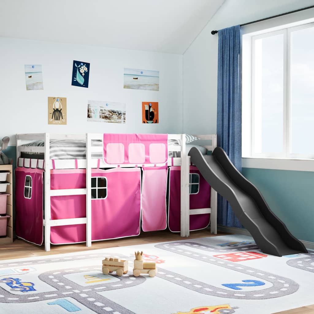 Lit mezzanine enfants et rideaux rose 90x190cm bois pin massif Lits & cadres de lit vidaXL   