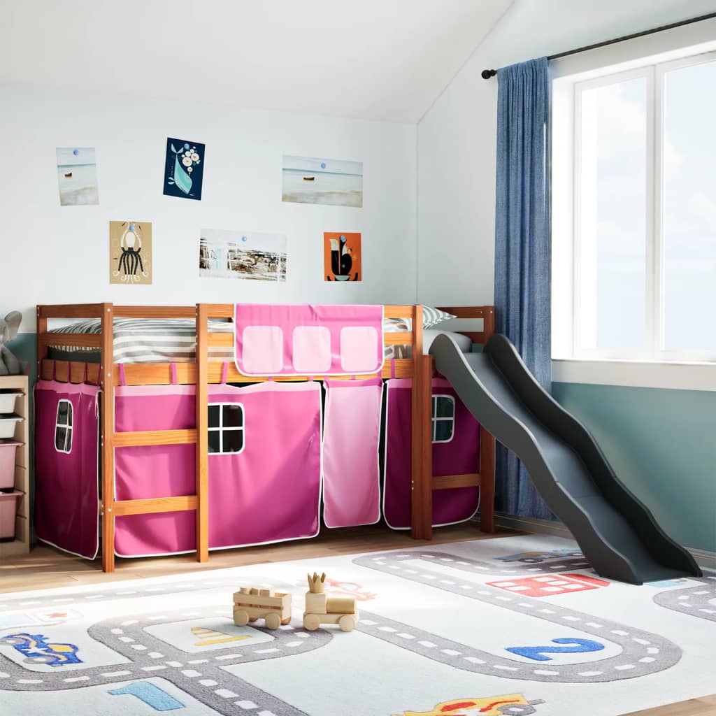 Lit mezzanine enfants et rideaux rose 90x190cm bois pin massif Lits & cadres de lit vidaXL   