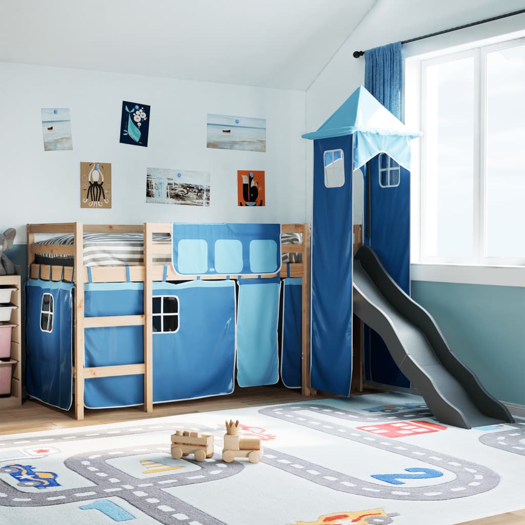 Lit mezzanine enfants avec tour bleu 80x200cm bois pin massif Lits & cadres de lit vidaXL   