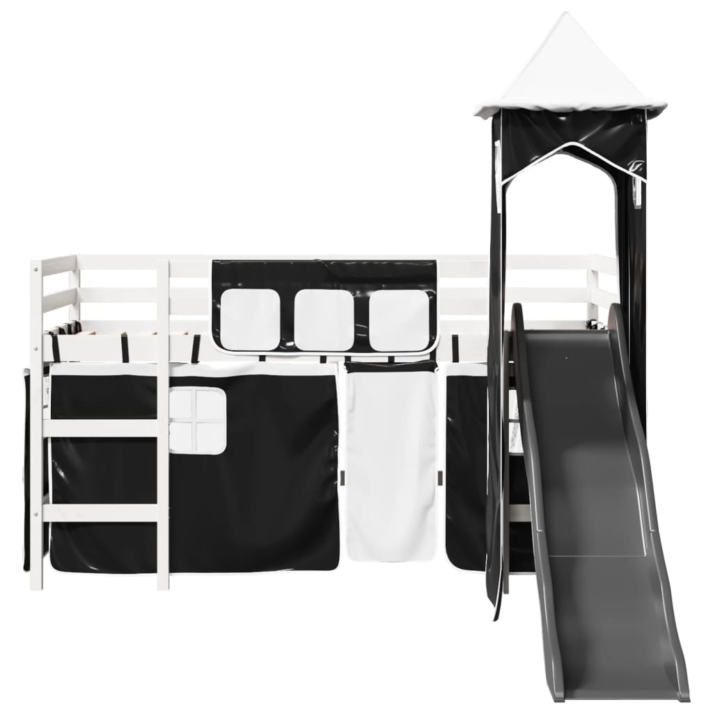 Lit mezzanine enfants avec tour blanc/noir 80x200cm pin massif Lits & cadres de lit vidaXL   