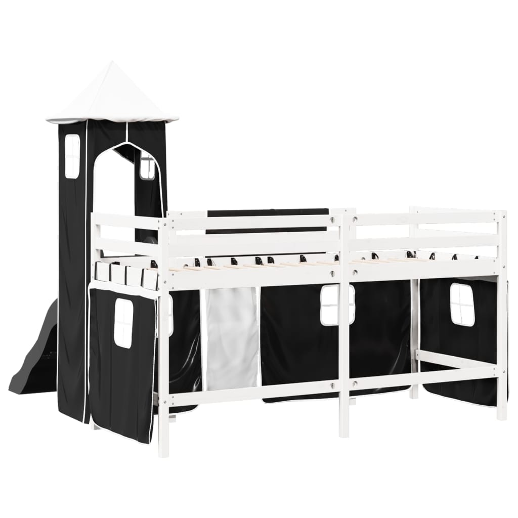 Lit mezzanine enfants avec tour blanc/noir 80x200cm pin massif Lits & cadres de lit vidaXL   