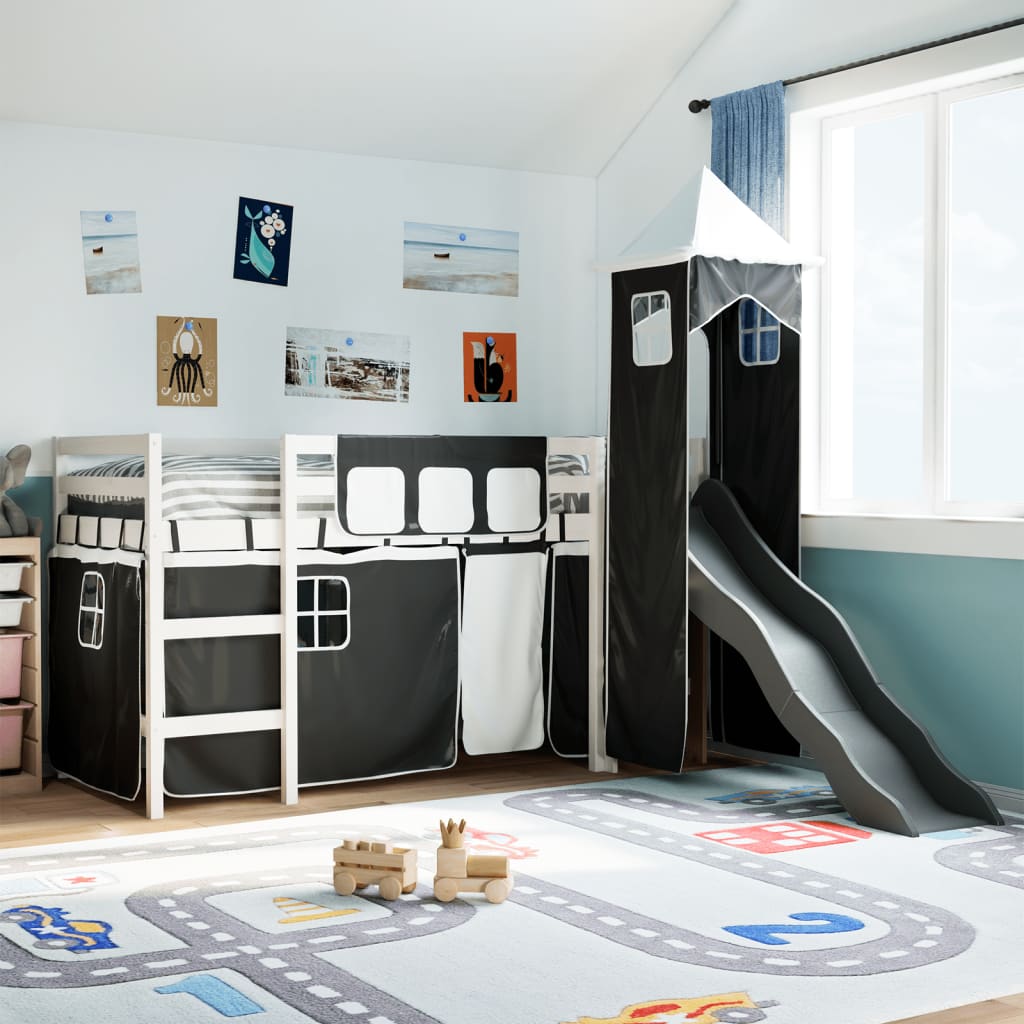 Lit mezzanine enfants avec tour blanc/noir 80x200cm pin massif Lits & cadres de lit vidaXL   