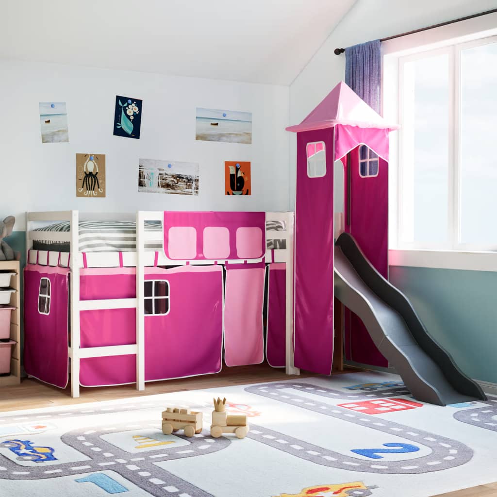 Lit mezzanine enfants avec tour rose 80x200cm bois pin massif Lits & cadres de lit vidaXL   