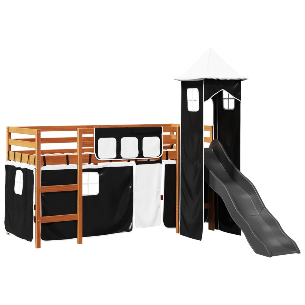 Lit mezzanine enfants et tour blanc/noir 90x200 cm pin massif Lits & cadres de lit vidaXL   