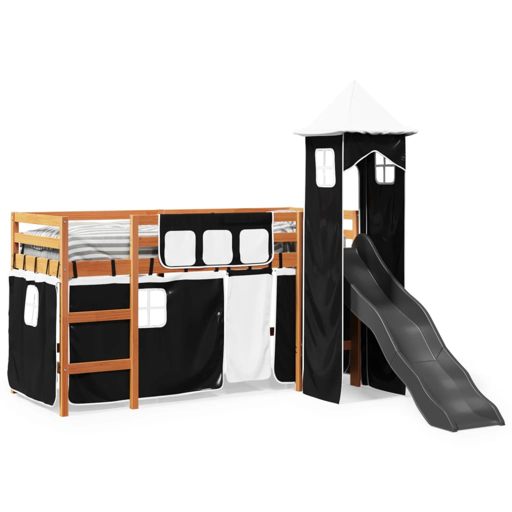 Lit mezzanine enfants et tour blanc/noir 90x200 cm pin massif Lits & cadres de lit vidaXL   