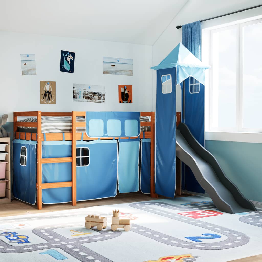 Lit mezzanine enfants avec tour bleu 90x200 cm bois pin massif Lits & cadres de lit vidaXL   