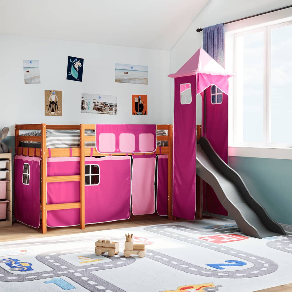 Lit mezzanine enfants avec tour rose 90x200 cm bois pin massif Lits & cadres de lit vidaXL   