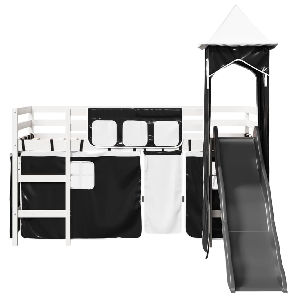 Lit mezzanine enfants avec tour blanc/noir 90x190 cm pin massif Lits & cadres de lit vidaXL   