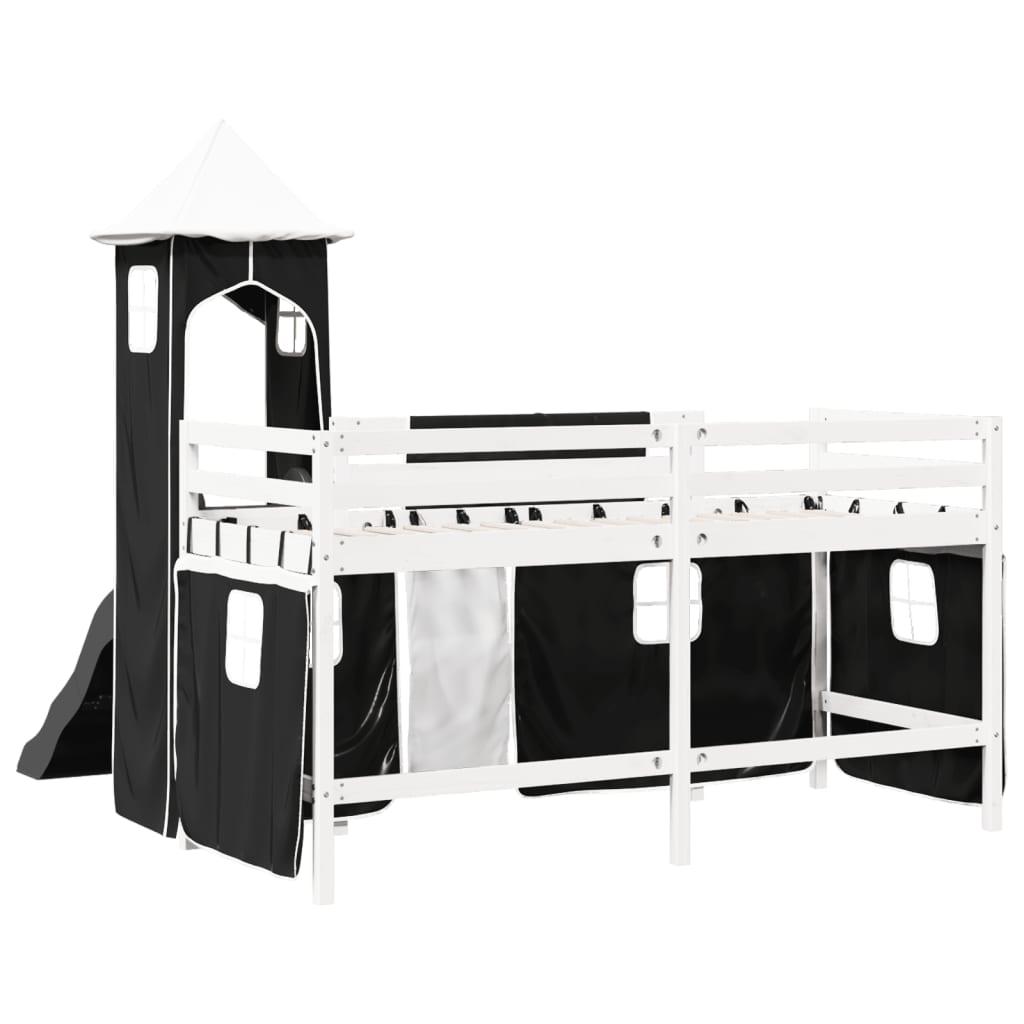 Lit mezzanine enfants avec tour blanc/noir 90x190 cm pin massif Lits & cadres de lit vidaXL   