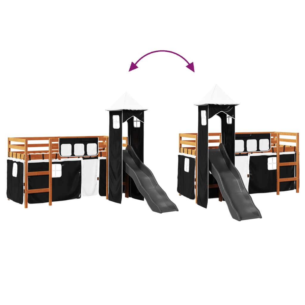 Lit mezzanine enfants avec tour blanc/noir 90x190 cm pin massif Lits & cadres de lit vidaXL   