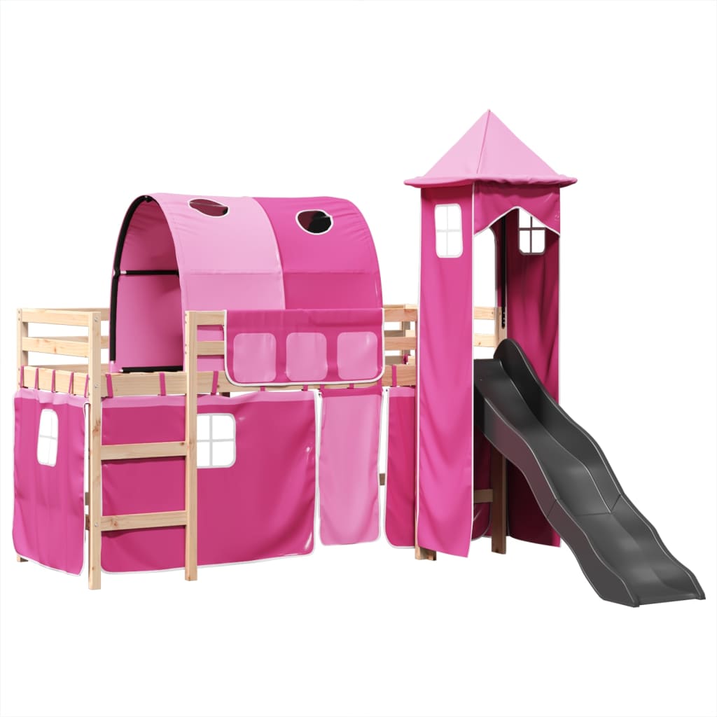 Lit mezzanine enfants avec tour rose 80x200cm bois pin massif Lits & cadres de lit vidaXL   