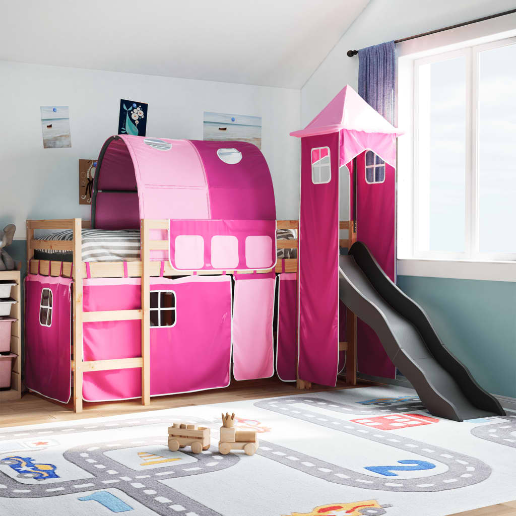 Lit mezzanine enfants avec tour rose 80x200cm bois pin massif Lits & cadres de lit vidaXL   