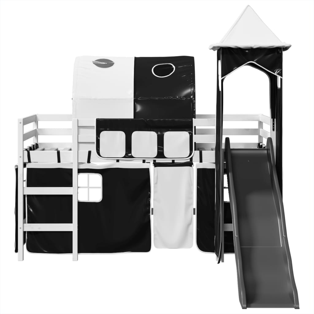 Lit mezzanine enfants avec tour blanc/noir 80x200cm pin massif Lits & cadres de lit vidaXL   