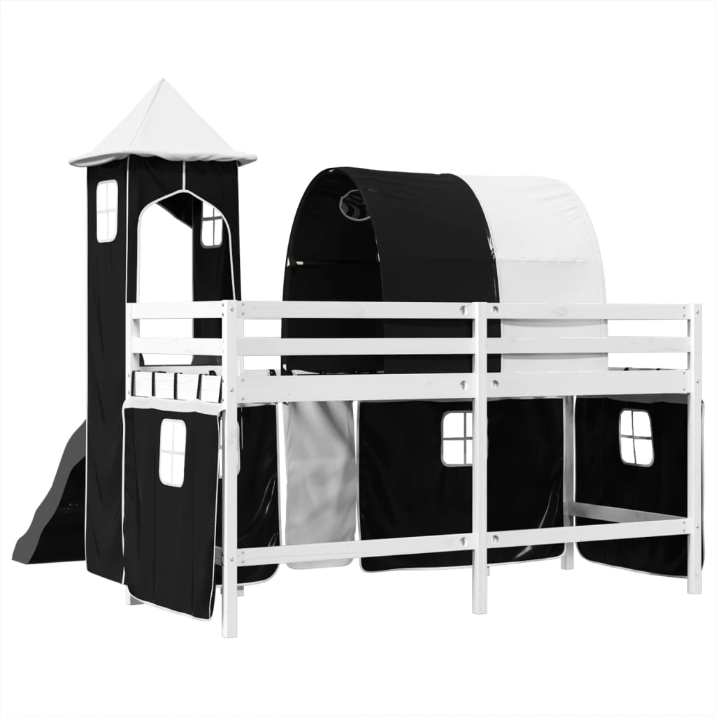 Lit mezzanine enfants avec tour blanc/noir 80x200cm pin massif Lits & cadres de lit vidaXL   