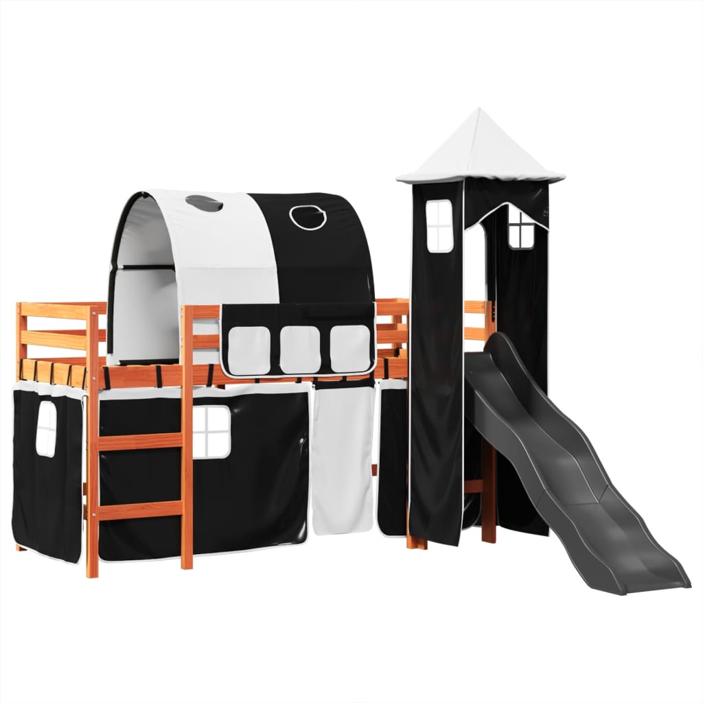 Lit mezzanine enfants avec tour blanc/noir 80x200cm pin massif Lits & cadres de lit vidaXL   