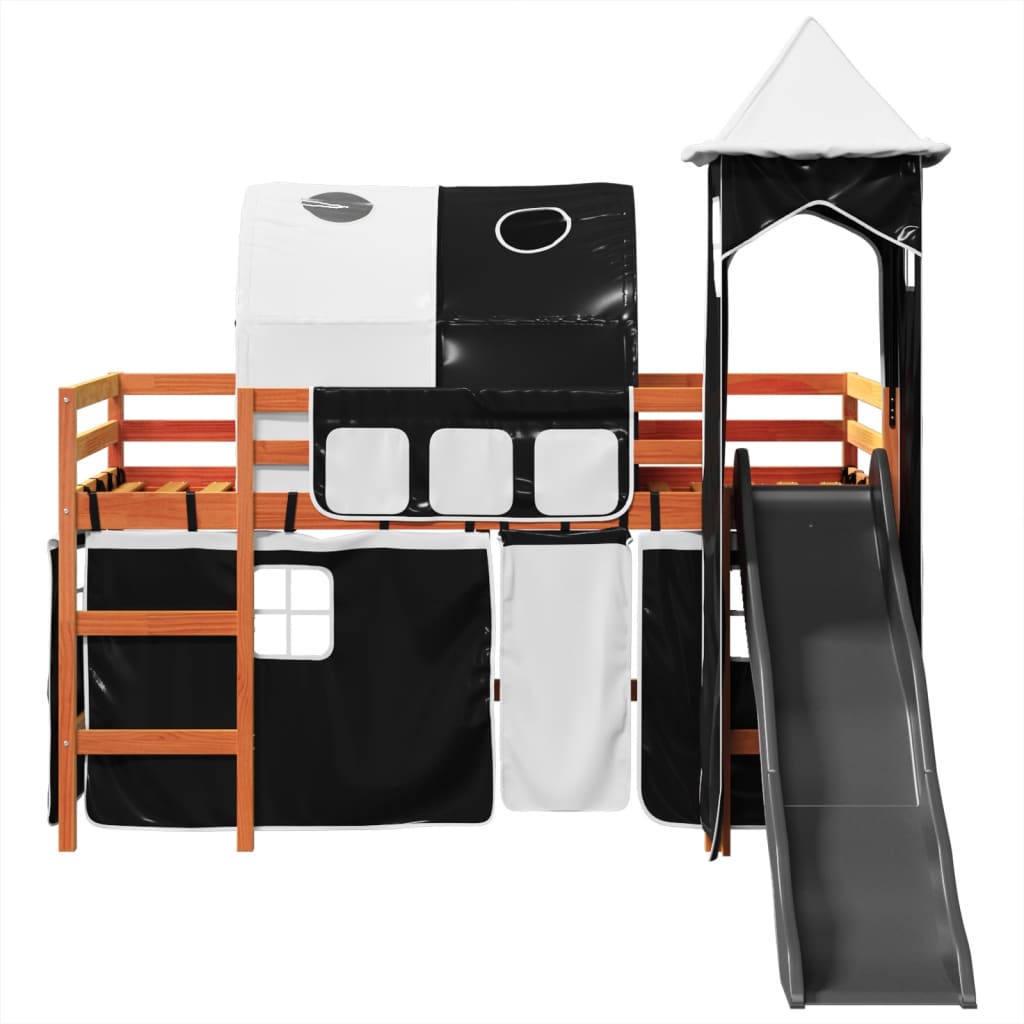 Lit mezzanine enfants avec tour blanc/noir 80x200cm pin massif Lits & cadres de lit vidaXL   