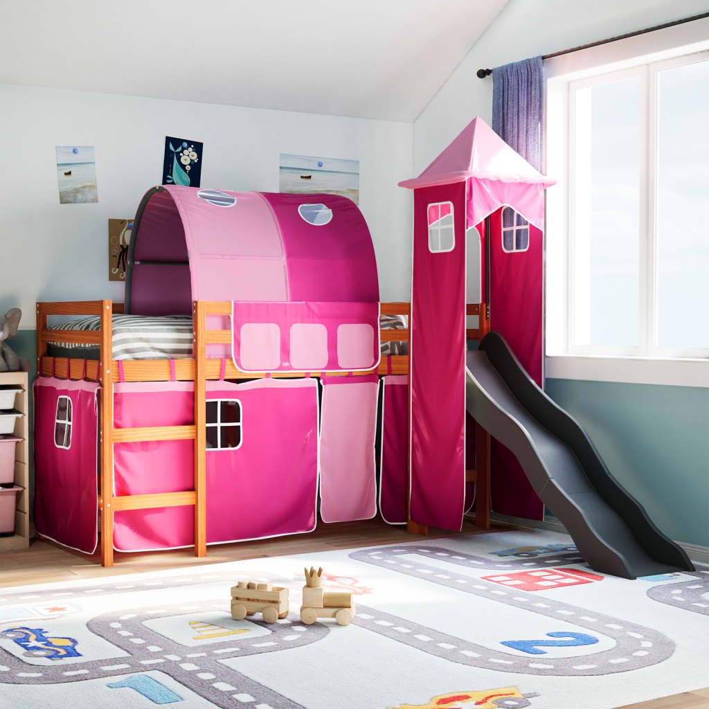 Lit mezzanine enfants avec tour rose 80x200cm bois pin massif Lits & cadres de lit vidaXL   