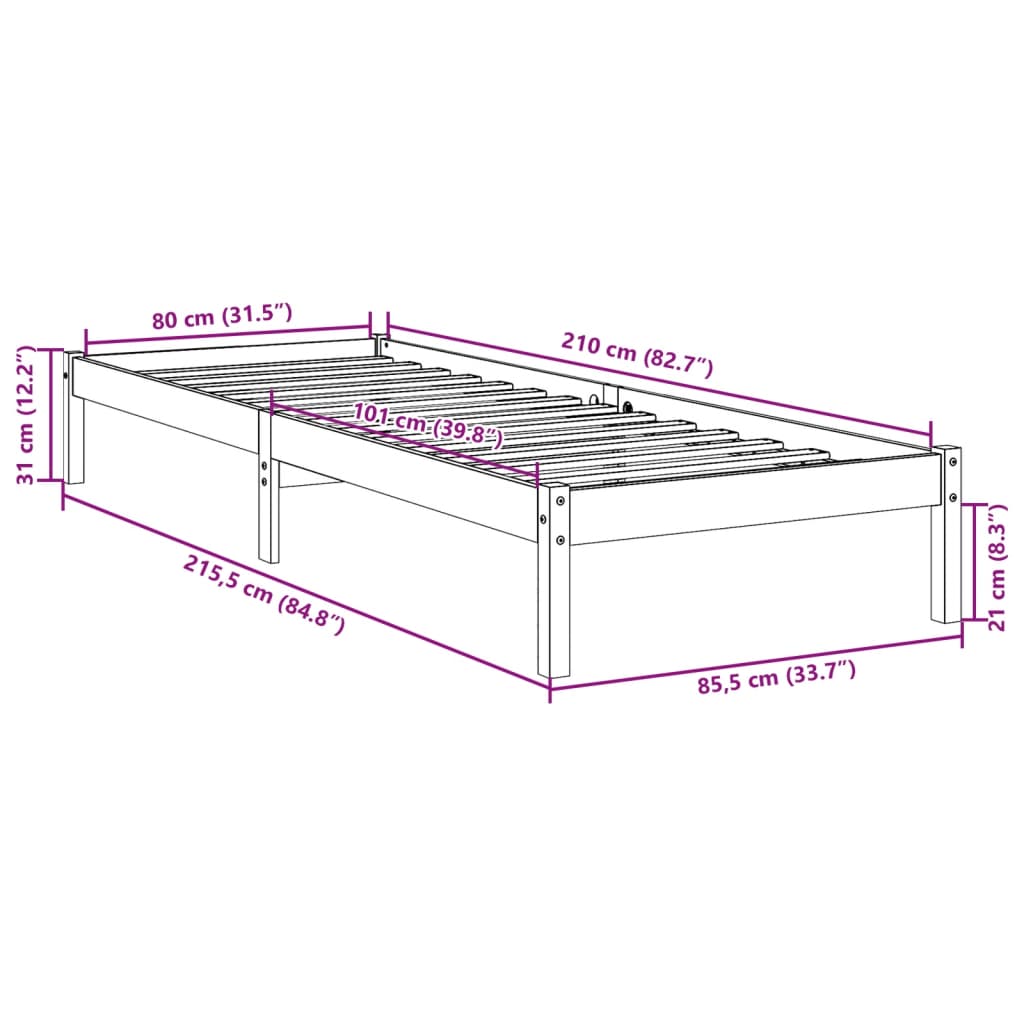 Cadre de lit extra long sans matelas 80x210 cm bois massif pin Lits & cadres de lit vidaXL   