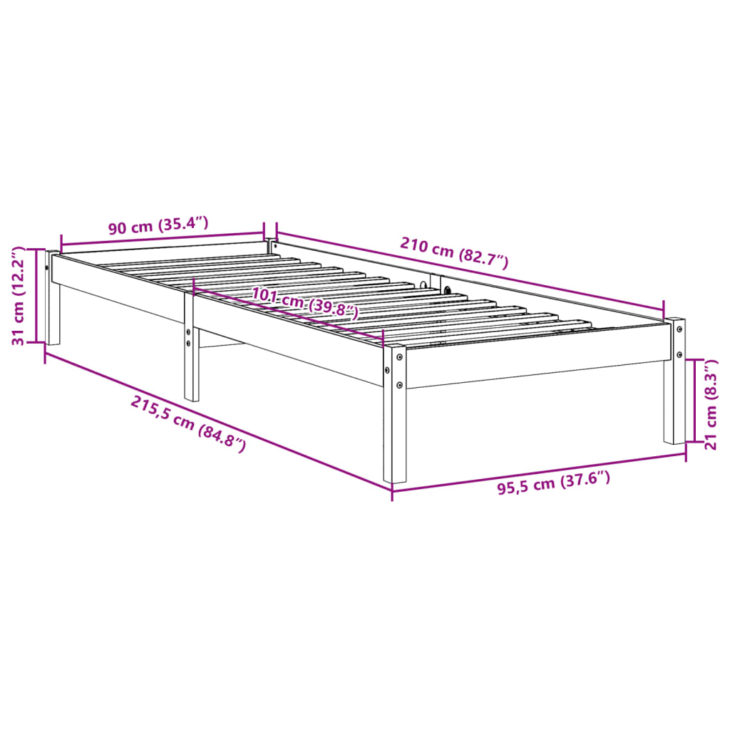 Cadre de lit extra long sans matelas 90x210 cm bois massif pin Lits & cadres de lit vidaXL   