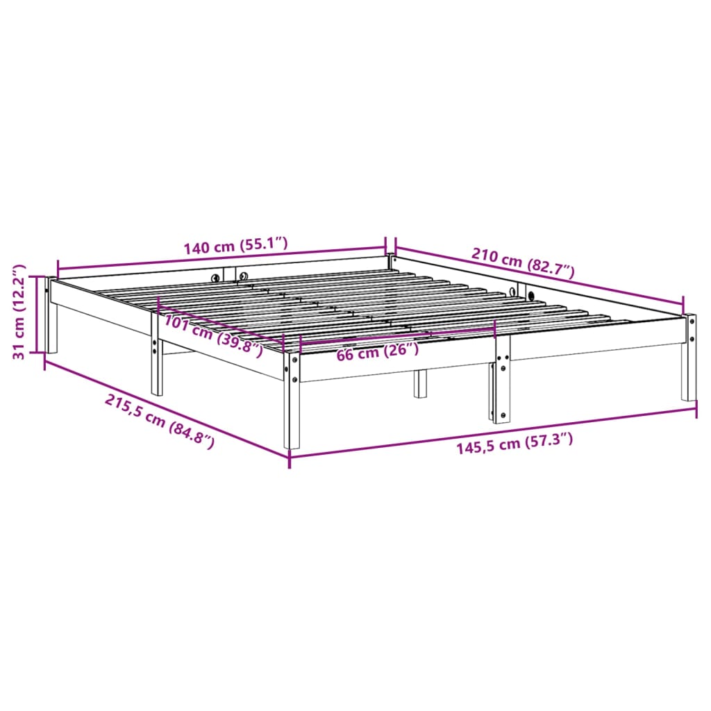 Cadre de lit extra long sans matelas 140x210 cm bois massif pin Lits & cadres de lit vidaXL   