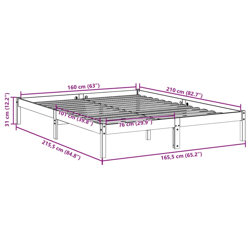 Cadre de lit extra long sans matelas 160x210 cm bois massif pin Lits & cadres de lit vidaXL   