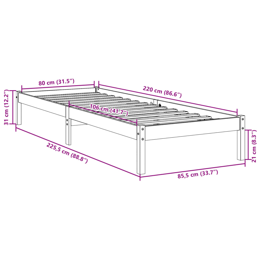 Cadre de lit extra long sans matelas 80x220 cm bois massif pin Lits & cadres de lit vidaXL   