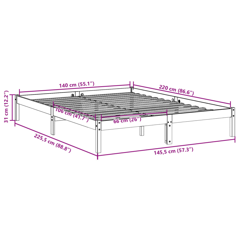 Cadre de lit extra long sans matelas 140x220 cm bois massif pin Lits & cadres de lit vidaXL   