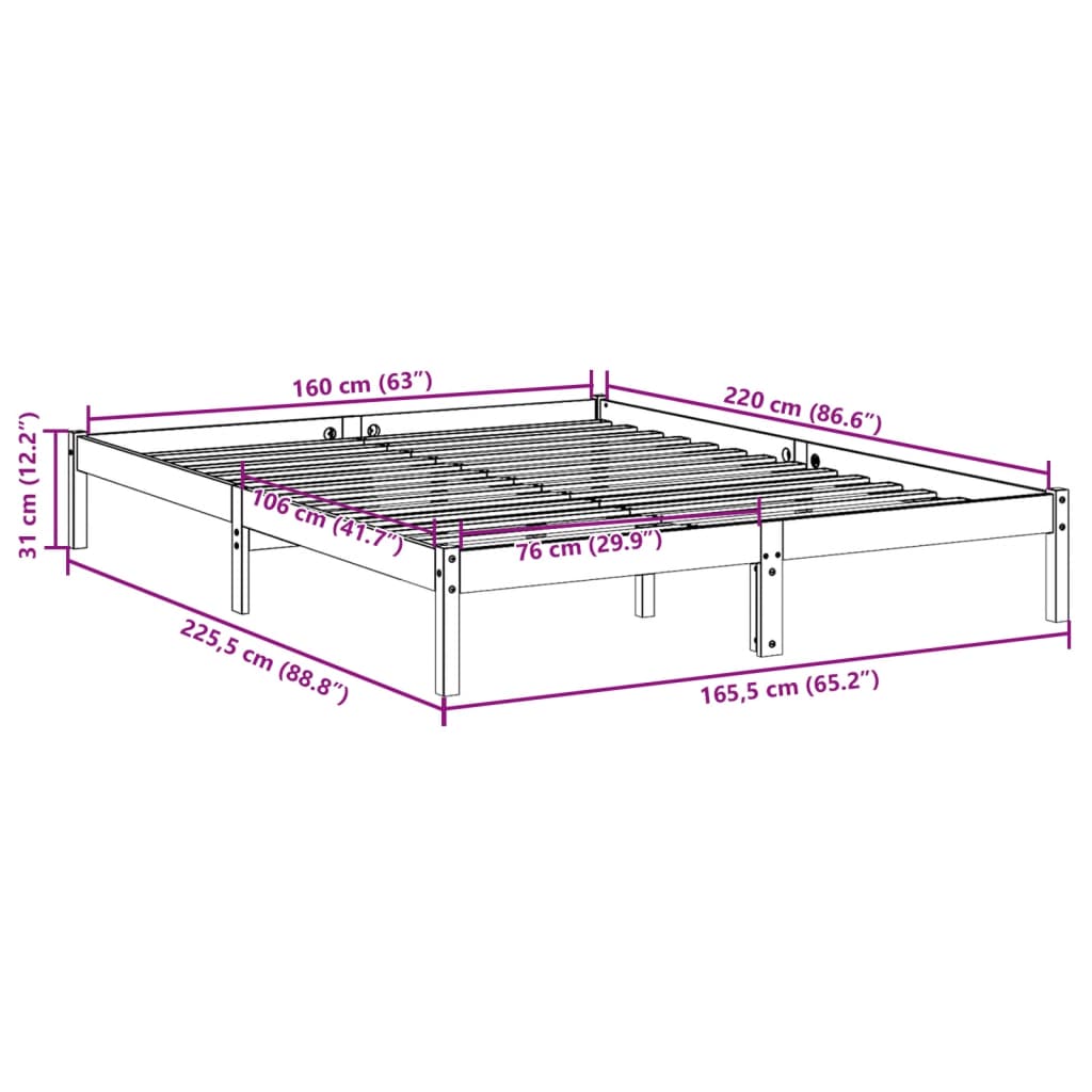 Cadre de lit extra long sans matelas 160x220 cm bois massif pin Lits & cadres de lit vidaXL   