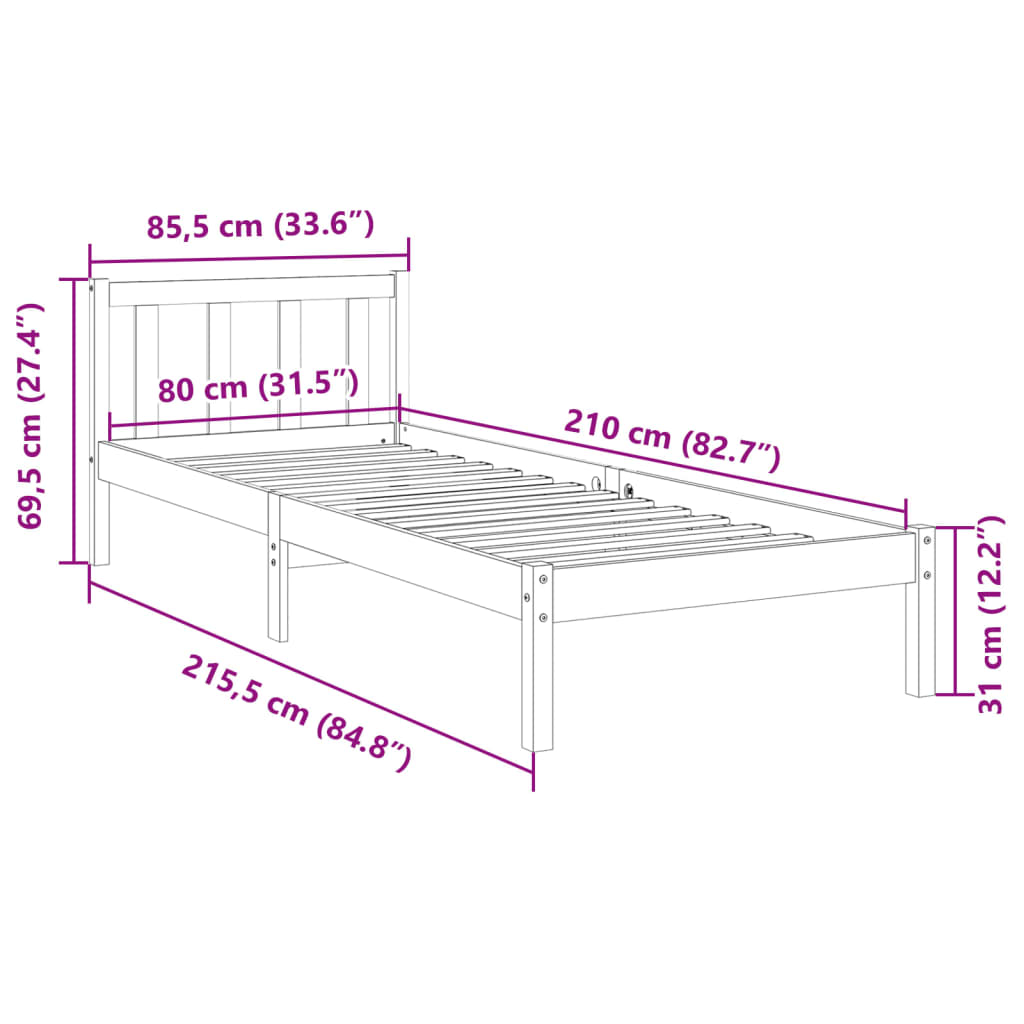 Cadre de lit extra long sans matelas 80x210 cm bois massif pin Lits & cadres de lit vidaXL   