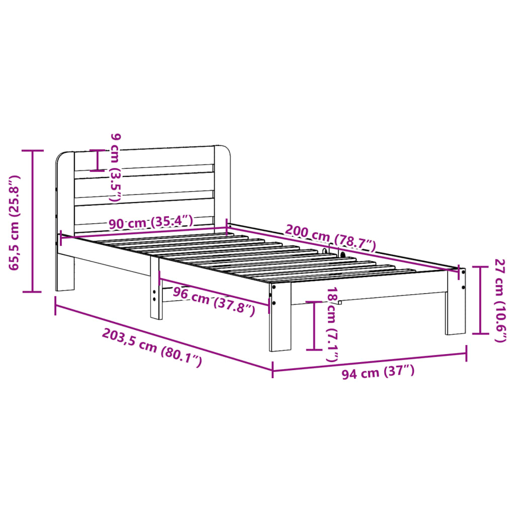 Cadre de lit sans matelas cire marron 90x200 cm bois pin massif Lits & cadres de lit vidaXL   