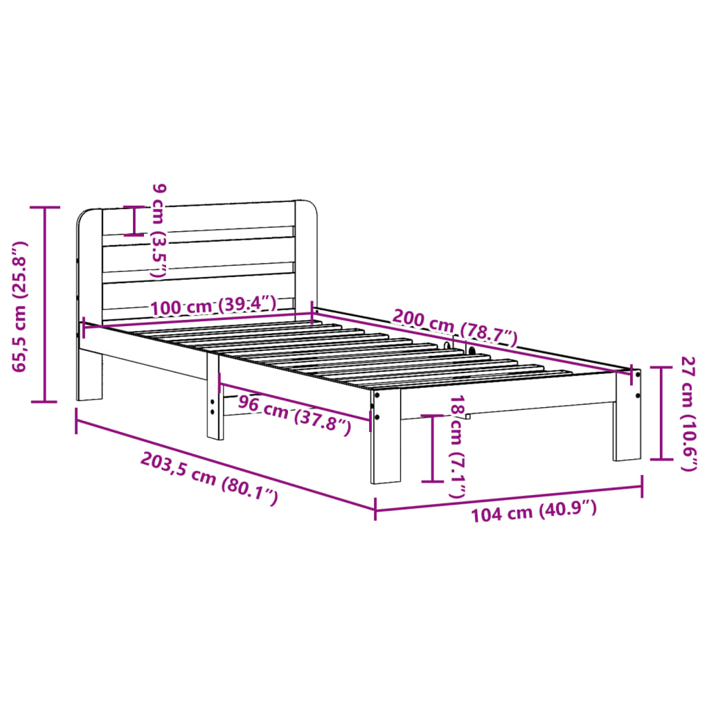 Cadre de lit sans matelas cire marron 100x200cm bois pin massif Lits & cadres de lit vidaXL   