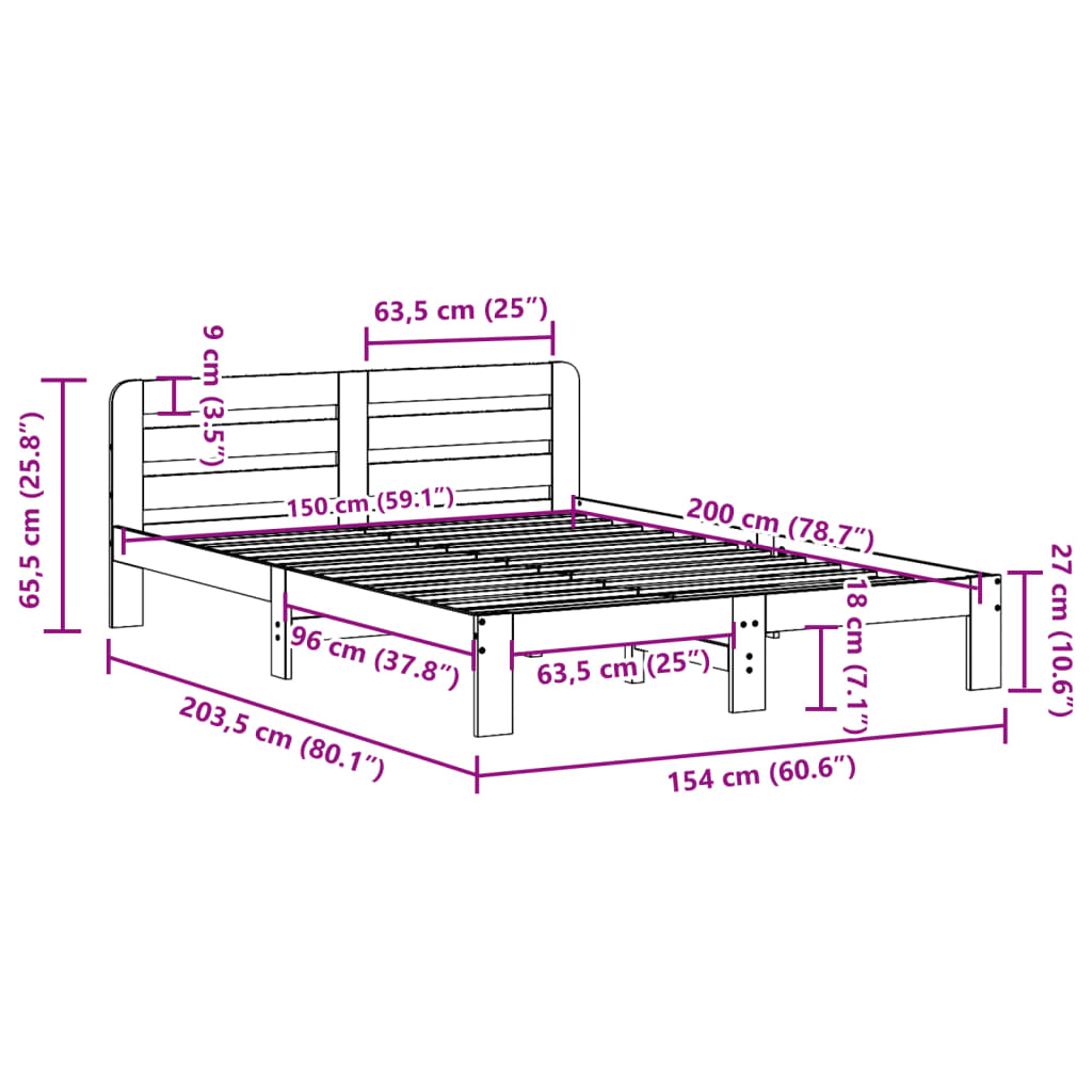 Cadre de lit sans matelas cire marron 150x200cm bois pin massif Lits & cadres de lit vidaXL   