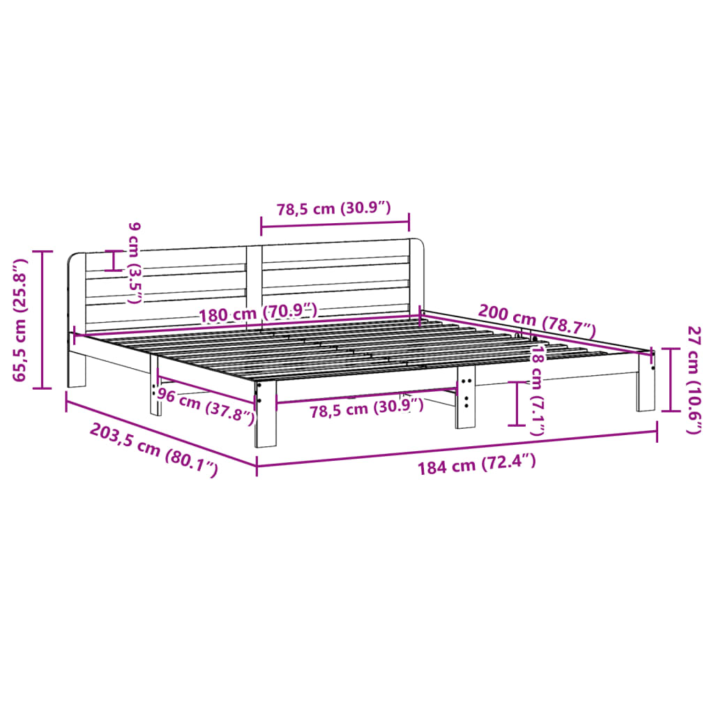 Cadre de lit sans matelas cire marron 180x200cm bois pin massif Lits & cadres de lit vidaXL   