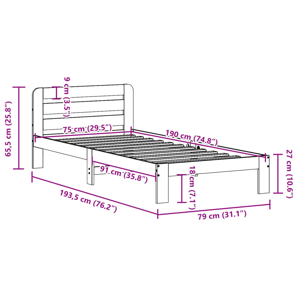 Cadre de lit sans matelas 75x190 cm bois de pin massif Lits & cadres de lit vidaXL   